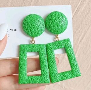 Green, textured geometric earrings